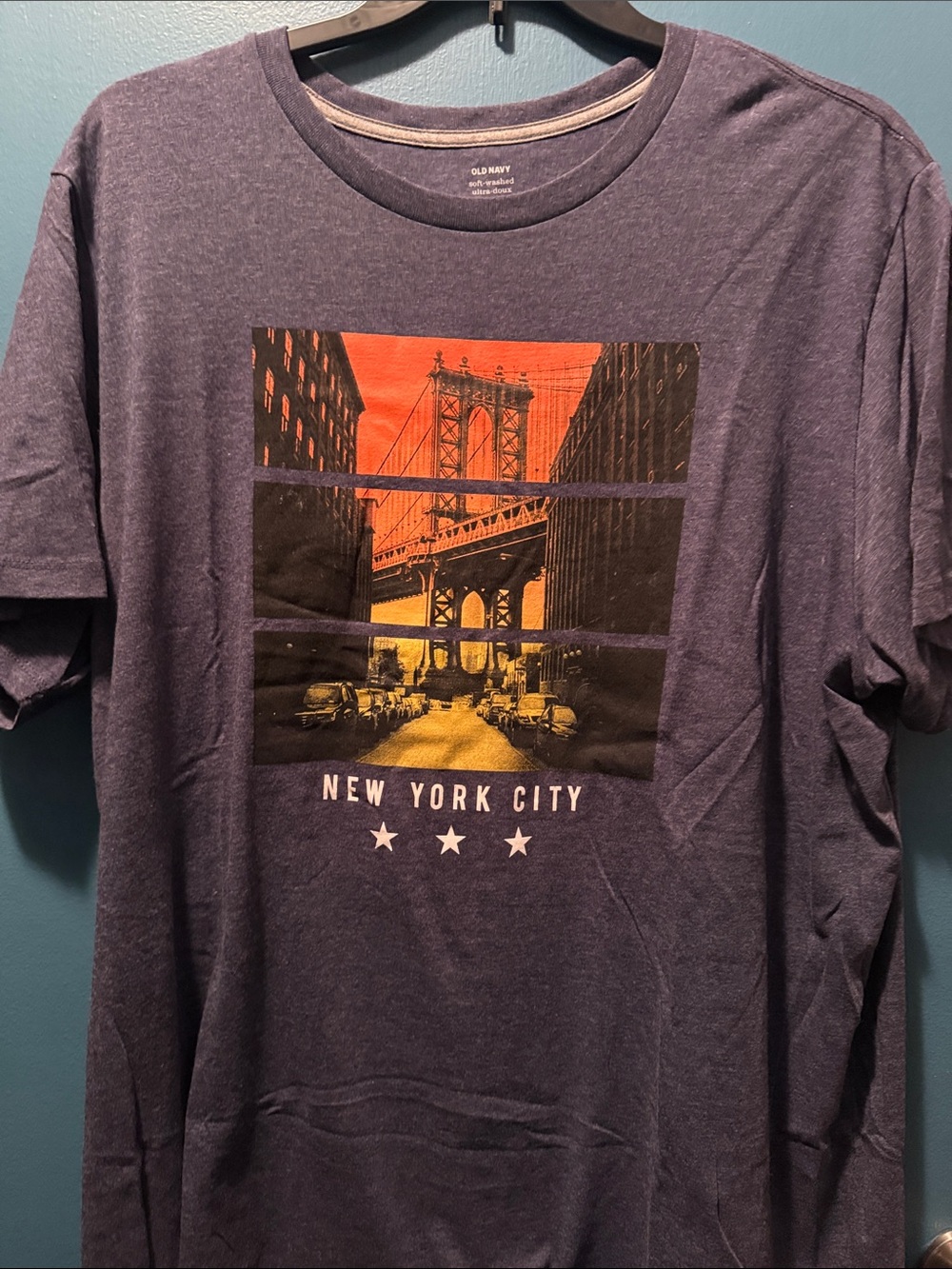 Old Navy Men's Heather Purple Tee with Orange and Yellow NYC Graphic
